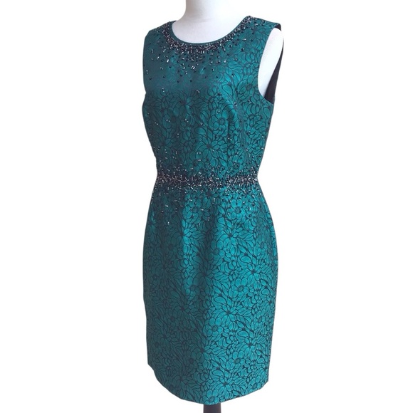 Katherine Kelly Green Black Floral Beaded Nanette Sheath Dress Size 8 - Picture 3 of 11